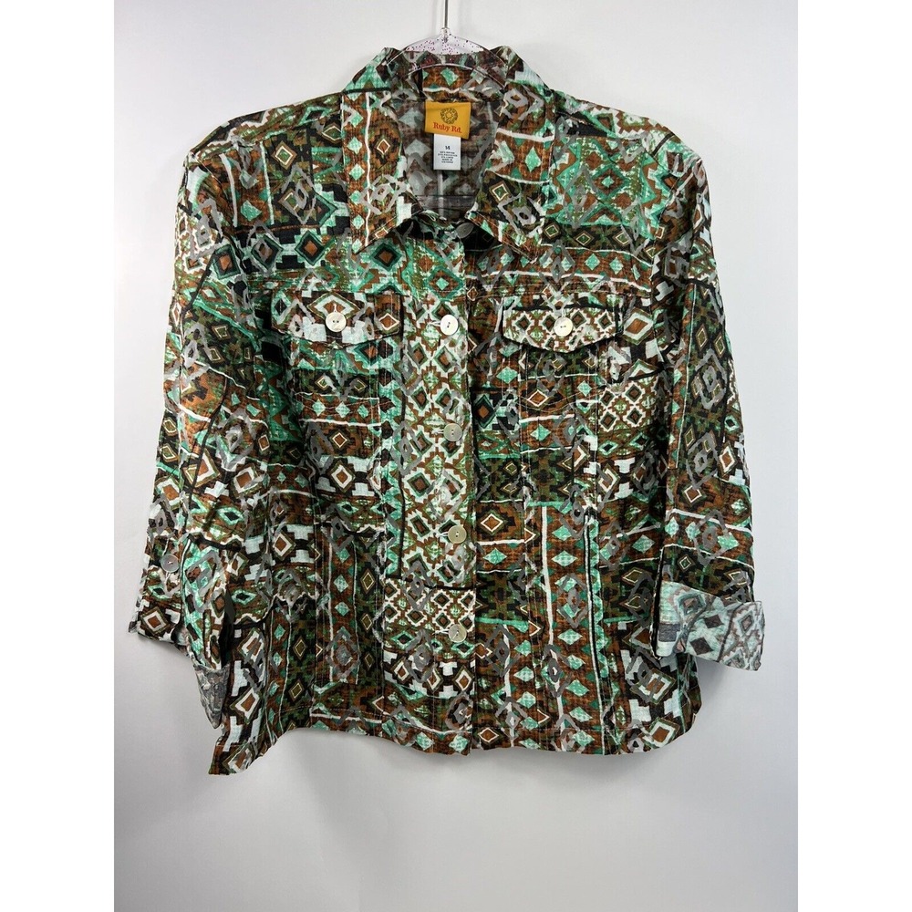 Ruby Red Button Down Shirt Women's Sz 14 Green/Brown Multicolor Sleeve Tab Sheer